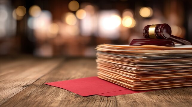 Stunning photo of Wooden gavel on a large stack of legal documents and files on a desk