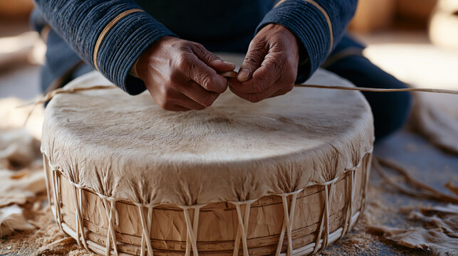 Close-up of a percussion instrument maker's hands tightening the lacing on a hand drum, hide stretched taut over a carved wooden shell, sawdust and hide scraps on the floor, the