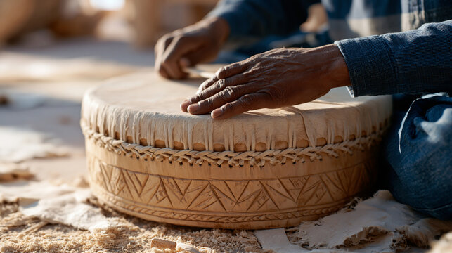 Close-up of a percussion instrument maker's hands tightening the lacing on a hand drum, hide stretched taut over a carved wooden shell, sawdust and hide scraps on the floor, the