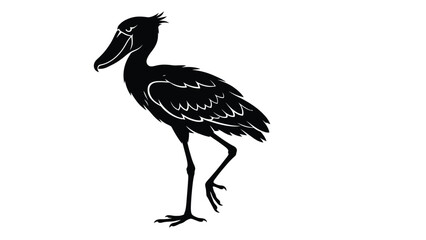 Shoebill stork stands on one leg in a minimalist black silhouette style suitable for educational and design projects. © Sadee Girl