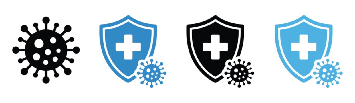 Immunity icons, shield virus defense symbols, immune system protection elements, health safety vector illustration set.