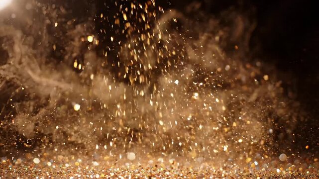 Golden particles, sparks, and glitter exploding, gold dust and flecks flying, shiny flecks against dark background