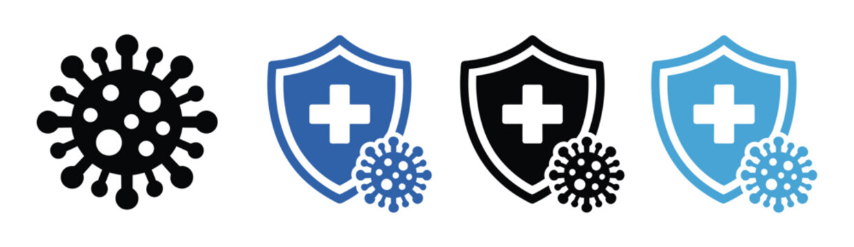 Immunity icons, shield virus defense symbols, immune system protection elements, health safety vector illustration set.