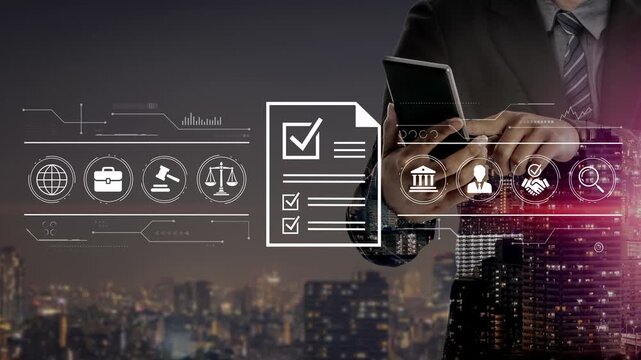 Businessman holding smartphone with digital checklist and icons representing law, finance, global communication and technology in a cityscape background at night. Entropy.