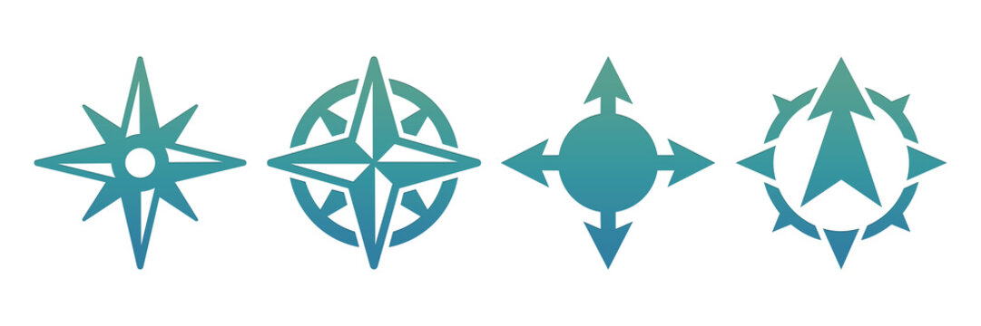 Set of four different compass rose icons and navigation symbols isolated on transparent background
