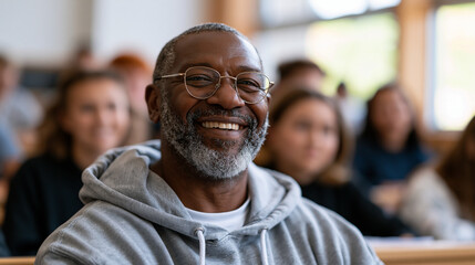Obraz premium Older adult male student in his fifties seated at a community college orientation session surrounded by recent high school graduates, returning learner pathway, workforce reentry