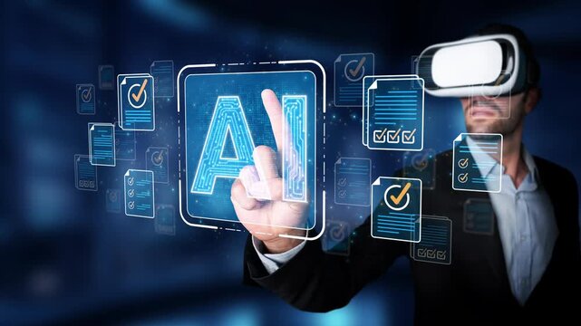 Virtual Reality Meets Artificial Intelligence in Modern Business Solutions Technology Concept with Digital Overlay and User Interaction Sigmoid
