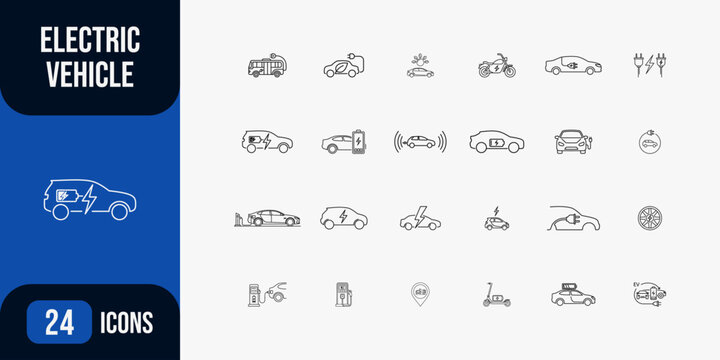Electric vehicle line icon set with clean energy transport symbols including electric cars hybrid automobiles scooters charging stations eco friendly buses and modern battery indicators