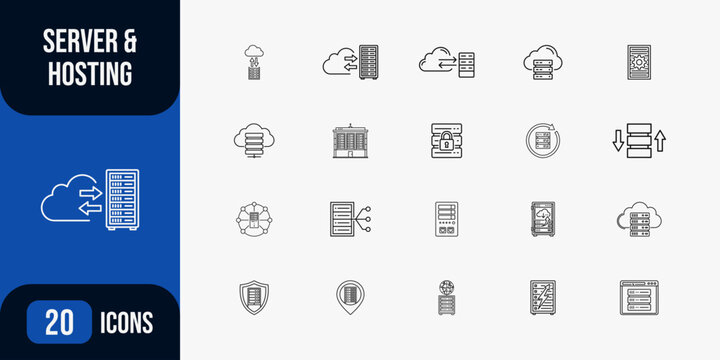 Server and hosting icon set displays data center infrastructure cloud computing network storage hardware symbols database management and secure web hosting services for technology projects.