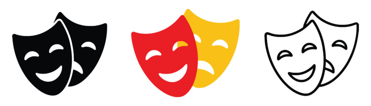 Masquerade icons, comic and tragic theater masks, drama performance symbols, entertainment vector illustration set.