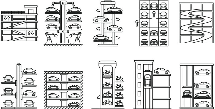 Set of multi-story car parking icons featuring automated systems, vertical lifts, and multi-level garages for urban infrastructure. Minimalist black vector symbols for city planning and transport. 