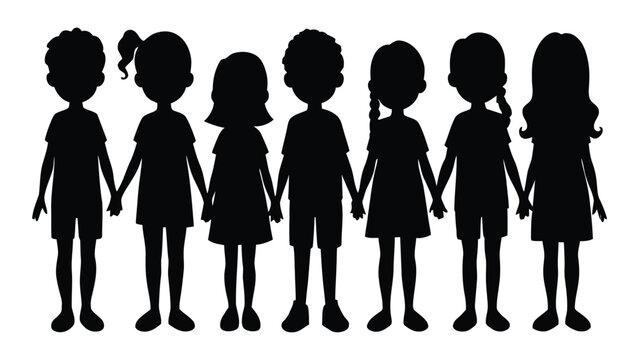 Children standing in a row holding hands represent unity and friendship in this minimalist silhouette.