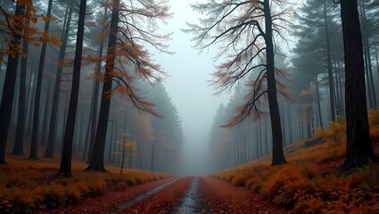 Obraz premium Mysterious forest path between tall autumn trees covered in deep winter fog