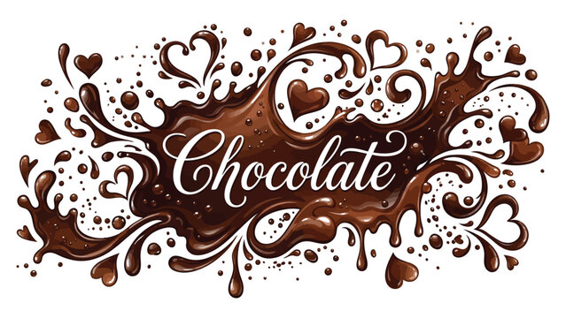Chocolate splashes and heart shapes surround a decorative script text to represent sweet indulgence.