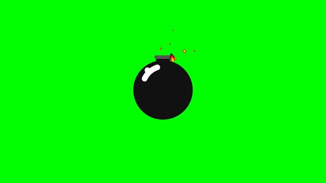 Cartoon bomb with burning fuse exploding into smoke cloud on green screen chroma key background for video editing