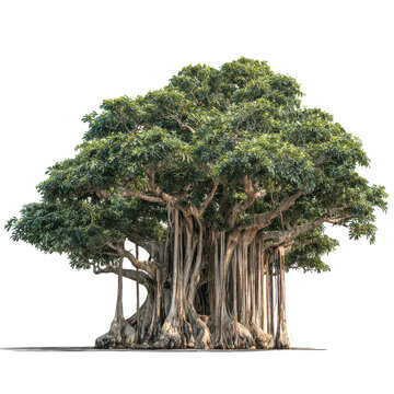 Majestic Banyan Tree with aerial roots in bright daylight isolated on white