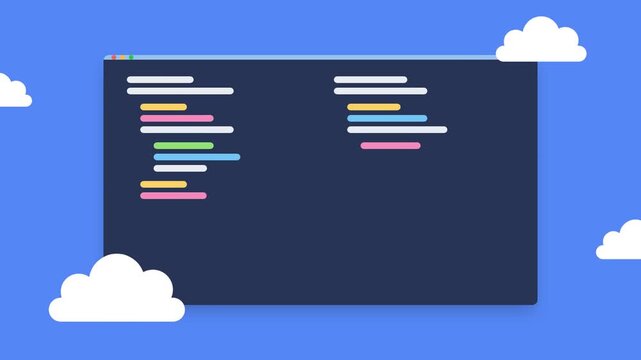 Animated code editor window on cloud background, web development and programming concept
