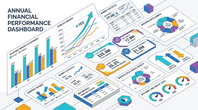Graphs and charts present an annual financial performance dashboard featuring comparative metrics and growth projections.