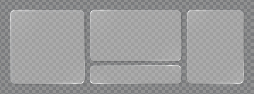 Set of translucent matte rectangular elements in glassmorphism style. Empty glass design elements with liquid glass effect on transparent background. Vector illustration.