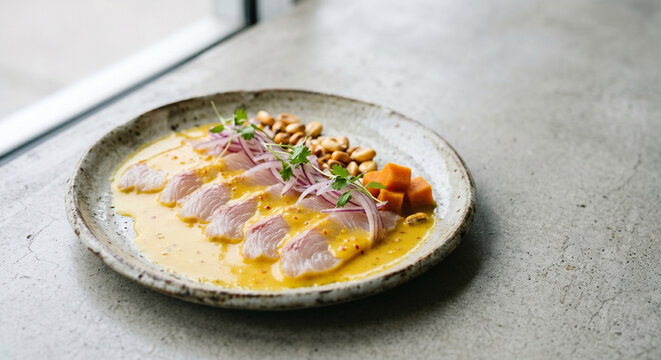 Elegant Tiradito with Aji Amarillo Sauce and Fish with Copy Space