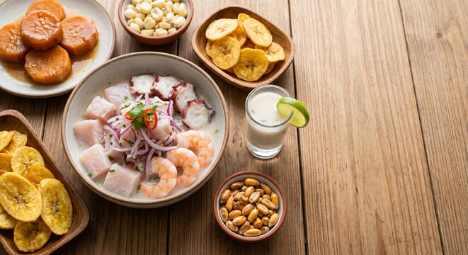 Complete Peruvian Ceviche and Seafood Banquet with Copy Space