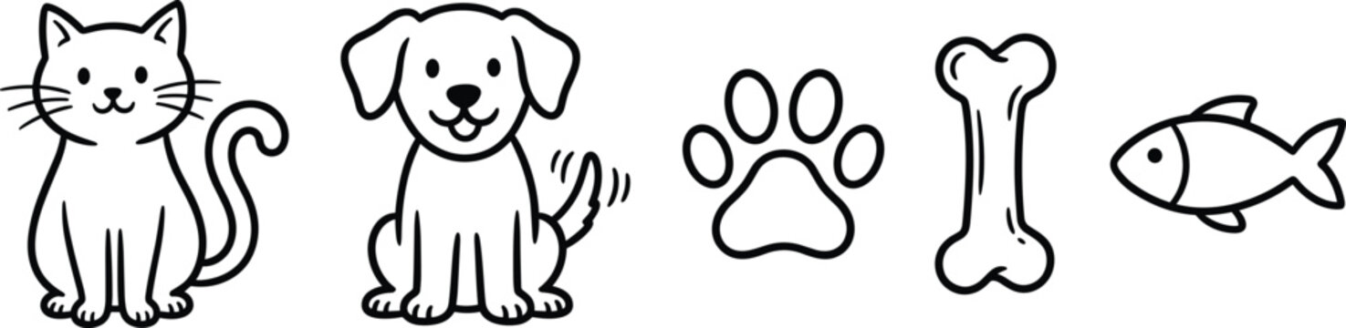 Pet care line icon collection with cat dog paw print bone and fish symbols vector illustration isolated on white background