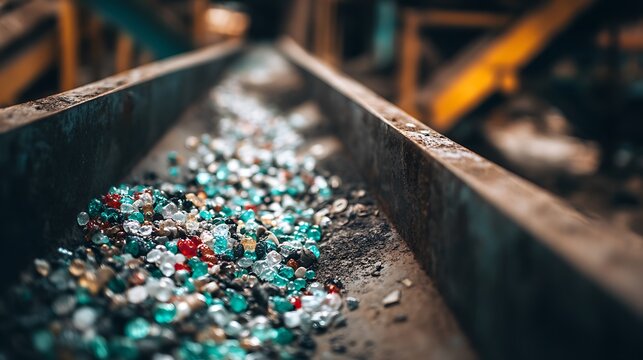 Industrial conveyor belt transporting colorful plastic recycled pellets.