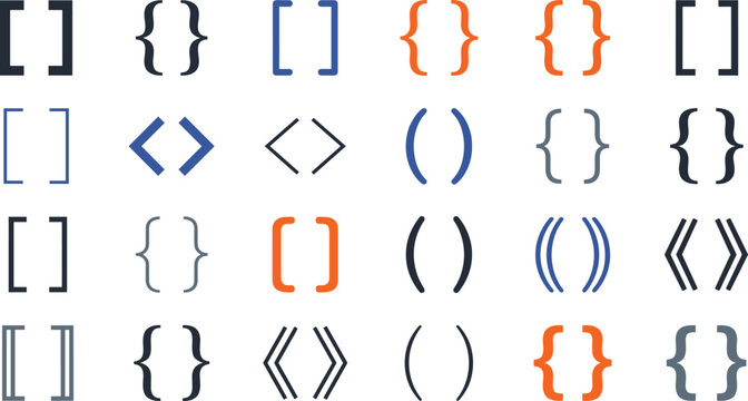 Programming brackets and code syntax symbols collection featuring square curly angle and parenthesis characters for software development vector icons