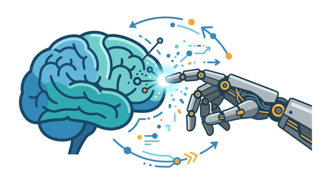 Robot hand touching brain, artificial intelligence, neural network, futuristic technology isolated on White Background ai