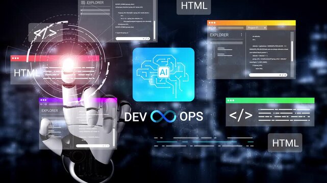 Conceptual representation of AI interaction in DevOps technology, showcasing data flow and interface elements in a digital environment Gluon.