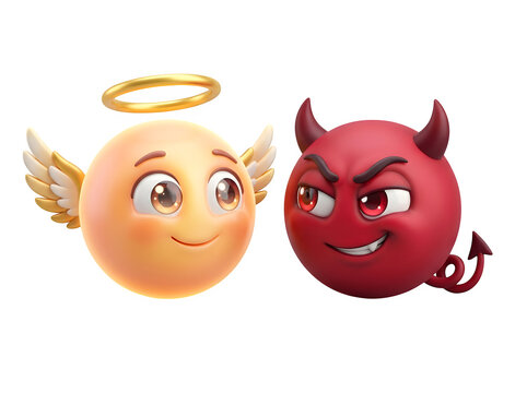 Cute angel and devil emoji characters with wings and horns