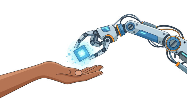 Robot arm, human hand, technology exchange, innovation concept, futuristic design, blue glowing cube isolated on White Background ai