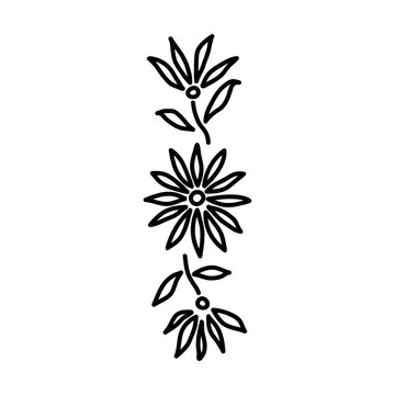 Vertical floral vignette with stylized daisies and leaves isolated on a white background. Botanical line art ornament in a simple minimalist style for stickers, embroidery patterns, and coloring pages
