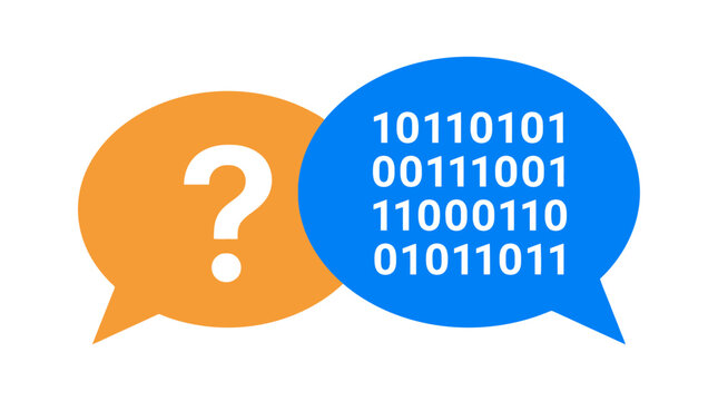 Binary code, programming concept, chat bubbles, question mark, digital communication, coding symbols isolated on White Background ai