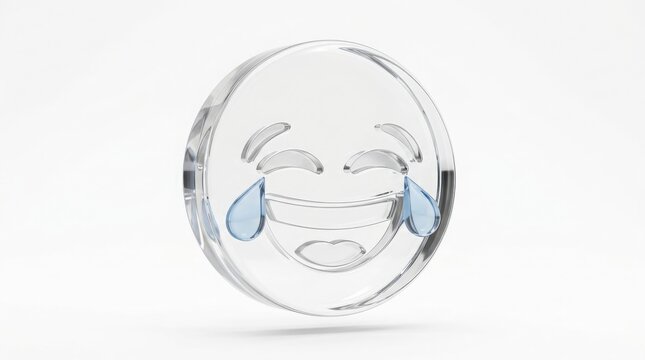 Transparent glass laughing emoji with tears, 3D crystal face with joy expression, glossy clear emoticon for social media and digital communication isolated on White Background