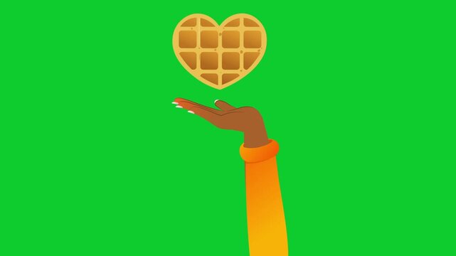 Heart-Shaped Waffle Floating Above Female Hand. Food Love Concept Animation