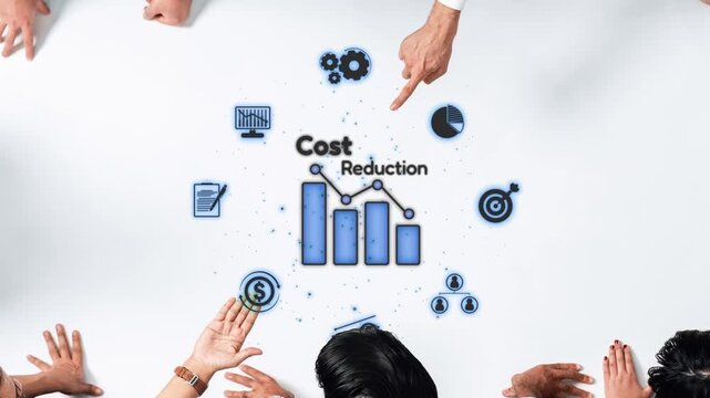 A team of professionals collaborating on a cost reduction strategy, showcasing various graphs and charts to enhance financial performance and drive business success. Raster