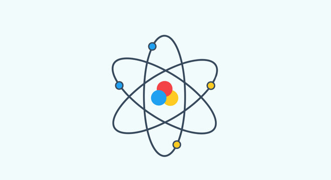 Colorful atomic structure with orbiting electrons.
