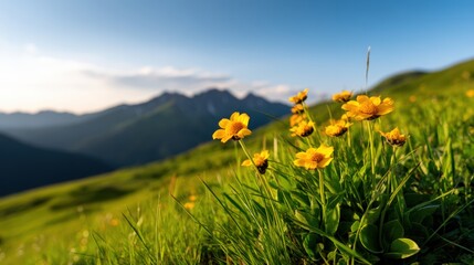 Fototapeta premium Yellow wildflowers bloom in a sunlit meadow with green grass and distant mountains under a clear blue sky.