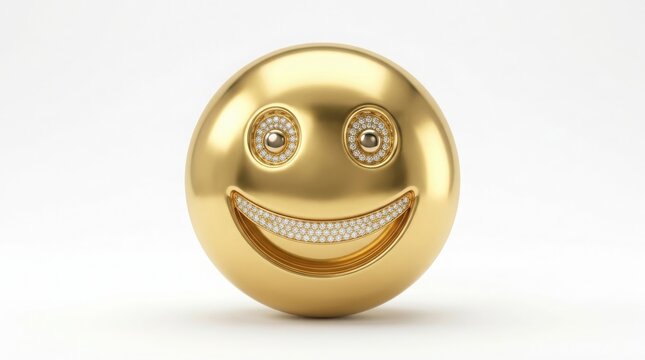 Golden emoji face with diamond encrusted smile, luxury 3d gold smiley character, premium jewelry style emoticon for success and wealth isolated on White Background