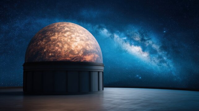 A large observatory dome housing a detailed planet model, set against a stunning starry night sky and the Milky Way galaxy.