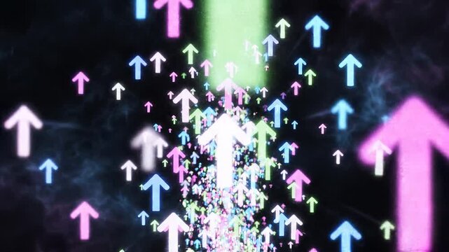 Colorful upward arrows symbolizing growth and progress on dark smoky background.