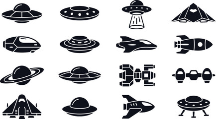 Spaceship and UFO silhouette collection with futuristic spacecraft alien vehicles and science fiction icons vector illustration isolated on white background © Mstferdoshi