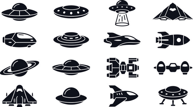Spaceship and UFO silhouette collection with futuristic spacecraft alien vehicles and science fiction icons vector illustration isolated on white background