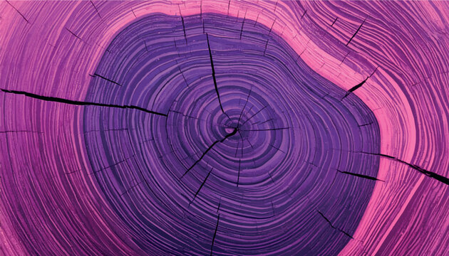 Abstract wood grain background featuring concentric tree growth rings colored in vibrant purple and neon pink hues, perfect for nature-themed graphic designs and patterns.