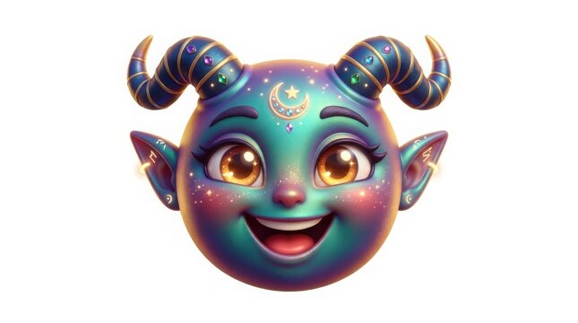 Whimsical celestial creature with horns and moon symbol, cute fantasy monster character, magical blue and purple cosmic entity portrait isolated on White Background