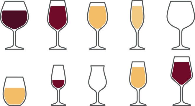Wine glass and beverage stemware collection featuring red wine white wine champagne and tasting glasses vector illustration set