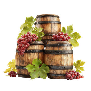 Wooden wine barrels with ripe red grapes and green leaves during harvest season
