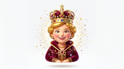Fototapeta premium Royal queen character in 3D cartoon style, smiling monarch wearing golden crown and velvet robe, majestic female royalty with sparkling glitter isolated on White Background