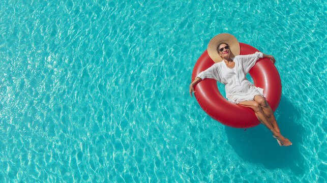 Happy Mature Woman Floating in Turquoise Pool With Straw Hat and Sunglasses, Luxury Summer Vacation, Wellness Retreat, Relaxation, Active Senior Lifestyle and Resort Recreation eld